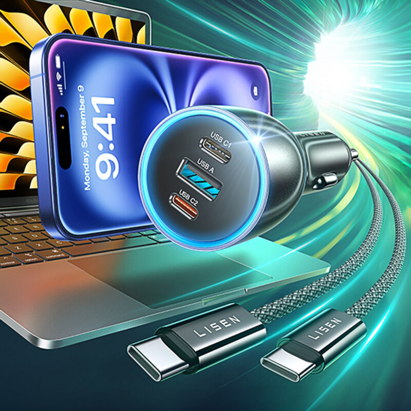 Incarcator auto GaN cu porturi USB, Type-C Lisen, 170W, negru, 1m