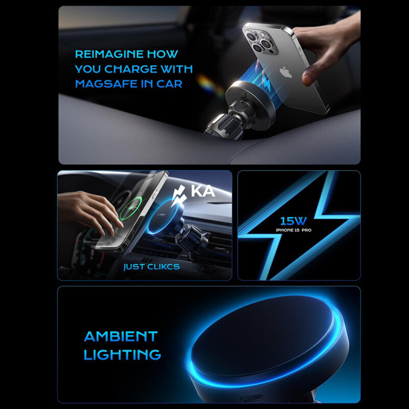 Suport telefon auto cu incarcare wireless Lisen, 15W, negru