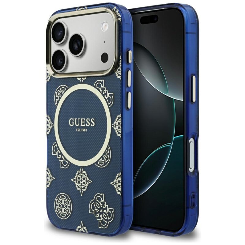 Husa iPhone 17 Pro originala Guess IML Peony Dot MagSafe, albastru, GUHMP17L5HPOEDB