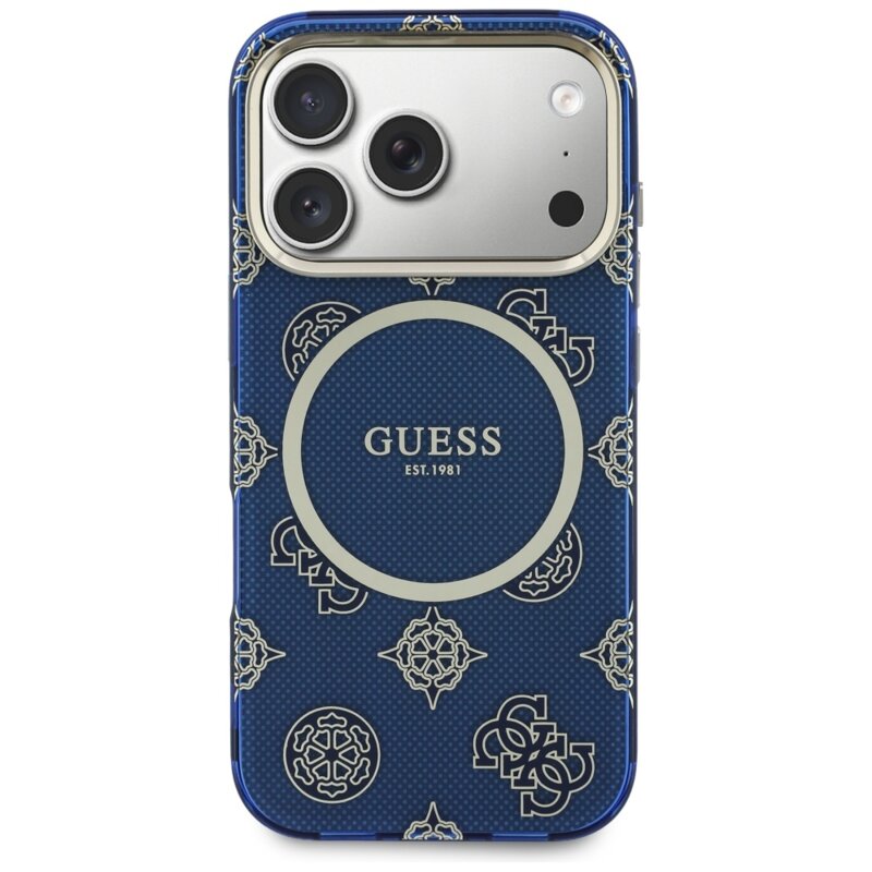 Husa iPhone 17 Pro Max originala Guess IML Peony Dot MagSafe, albastru, GUHMP17X5HPOEDB