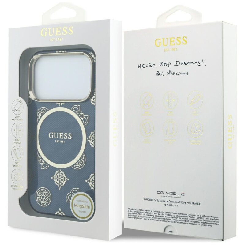 Husa iPhone 17 Pro Max originala Guess IML Peony Dot MagSafe, albastru, GUHMP17X5HPOEDB