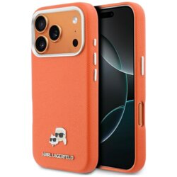 Husa iPhone 17 Pro Max Karl Lagerfeld Leather MagSafe K&C Head Pin, portocaliu, KLHMP17X6PFKCLO