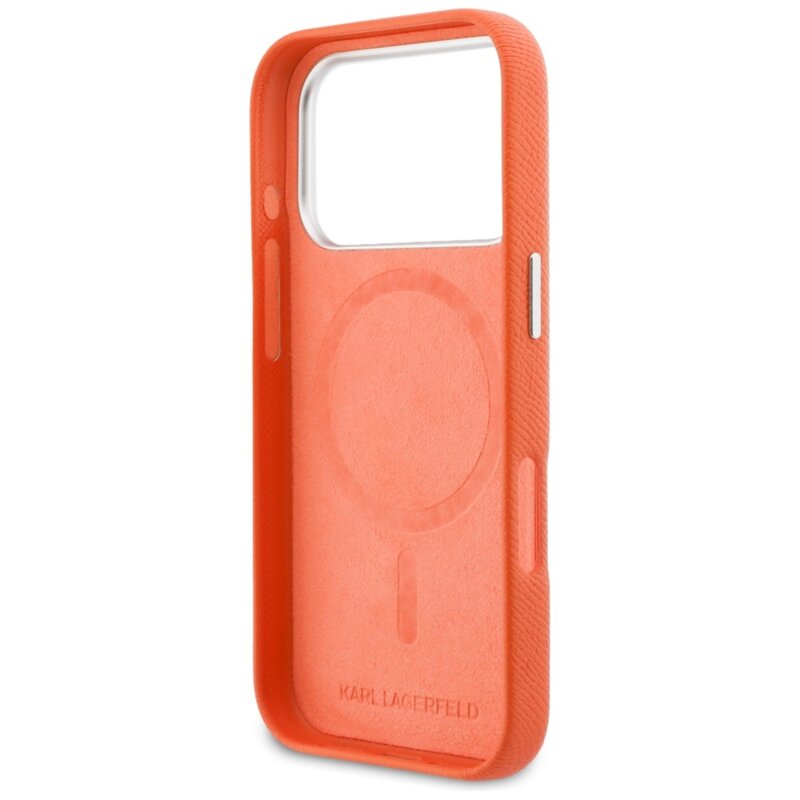 Husa iPhone 17 Pro Max Karl Lagerfeld Leather MagSafe K&C Head Pin, portocaliu, KLHMP17X6PFKCLO