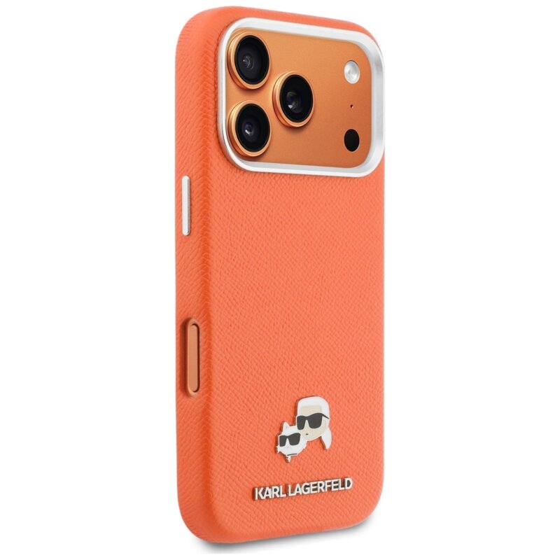 Husa iPhone 17 Pro Max Karl Lagerfeld Leather MagSafe K&C Head Pin, portocaliu, KLHMP17X6PFKCLO