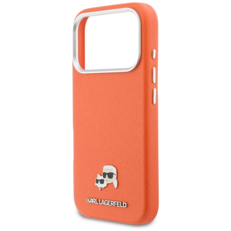 Husa iPhone 17 Pro Max Karl Lagerfeld Leather MagSafe K&C Head Pin, portocaliu, KLHMP17X6PFKCLO