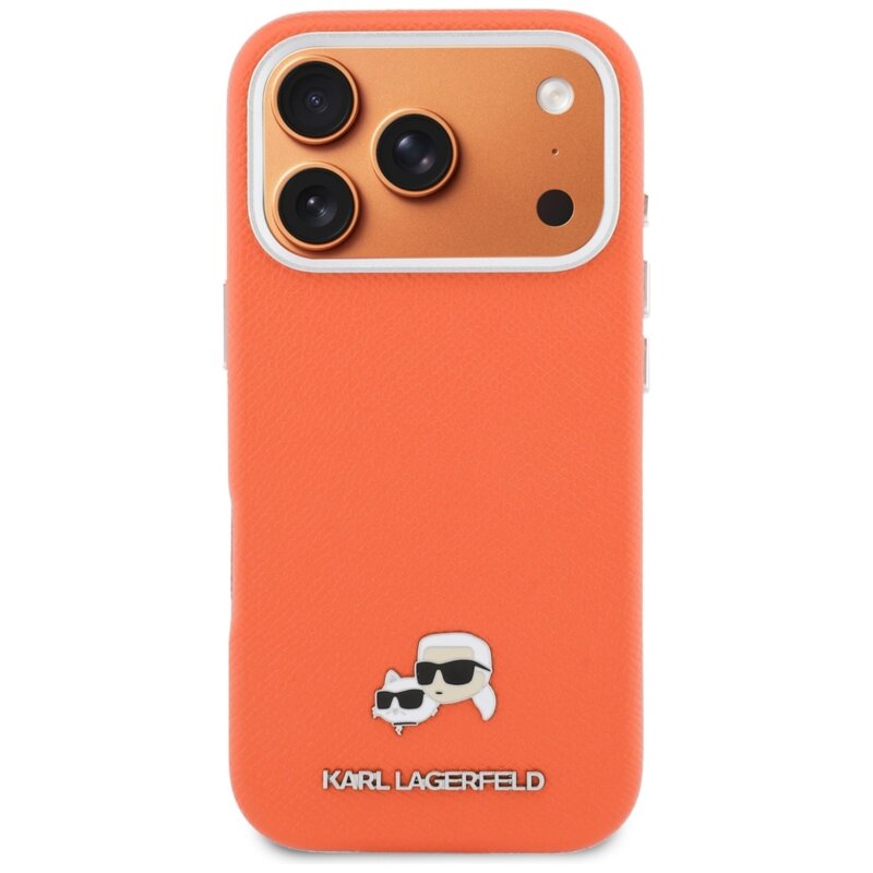 Husa iPhone 17 Pro Max Karl Lagerfeld Leather MagSafe K&C Head Pin, portocaliu, KLHMP17X6PFKCLO