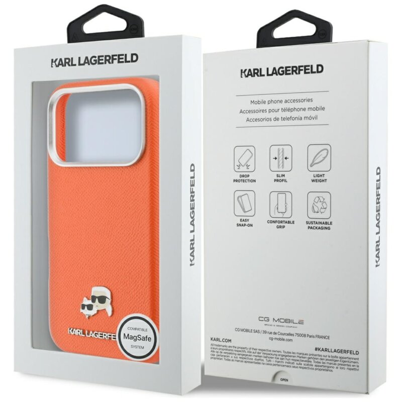 Husa iPhone 17 Pro Max Karl Lagerfeld Leather MagSafe K&C Head Pin, portocaliu, KLHMP17X6PFKCLO