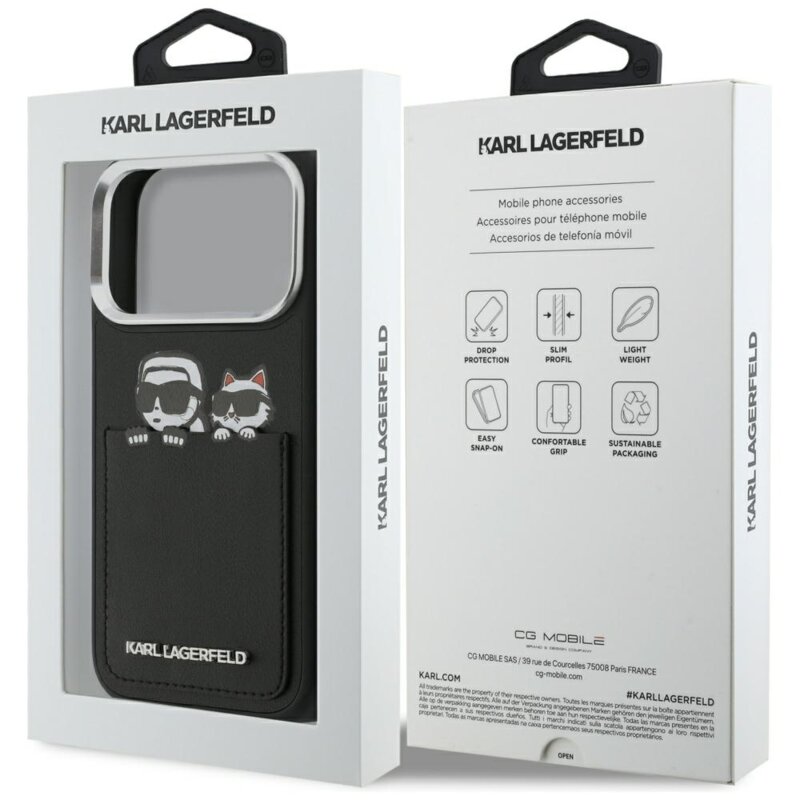Husa iPhone 17 Pro Max Karl Lagerfeld Hardcase Leather K&C Print & Pocket, negru, KLHCP17X6PCSPKCK