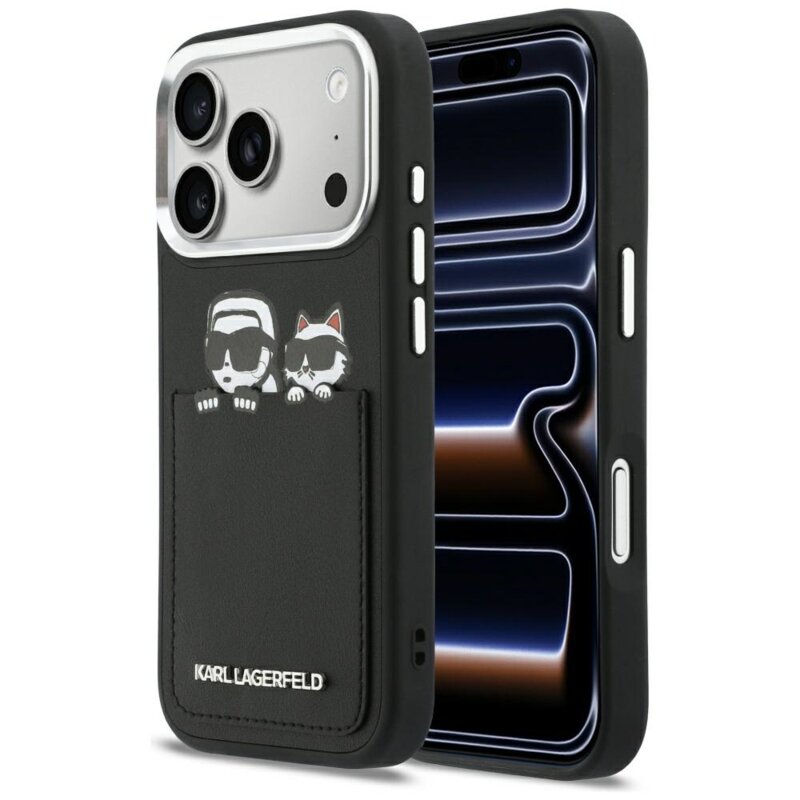 Husa iPhone 17 Pro Karl Lagerfeld Hardcase Leather K&C Print & Pocket, negru, KLHCP17L6PCSPKCK