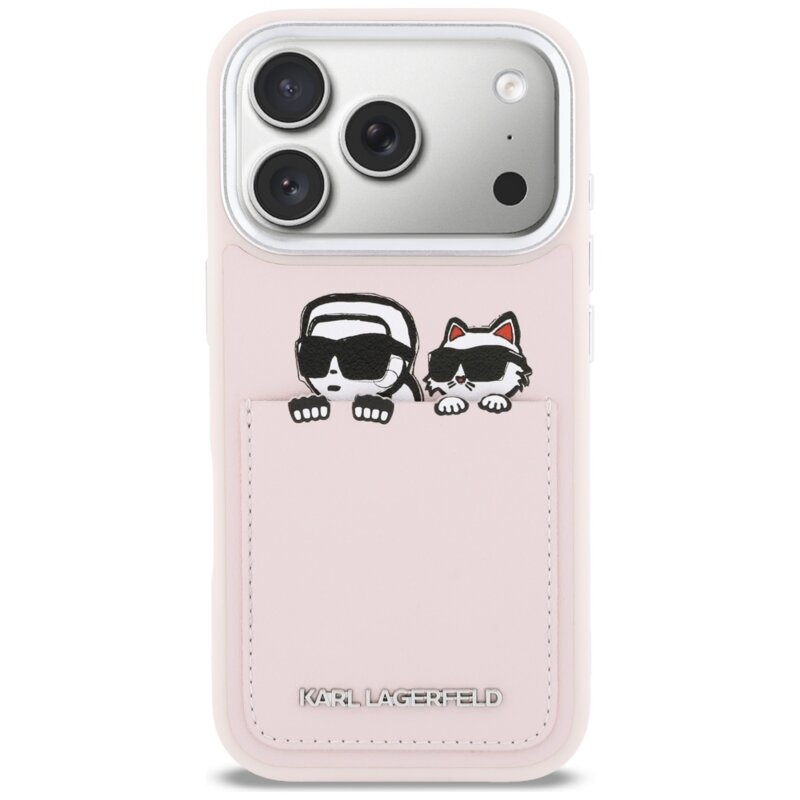Husa iPhone 17 Pro Max Karl Lagerfeld Hardcase Leather K&C Print & Pocket, roz, KLHCP17X6PCSPKCP