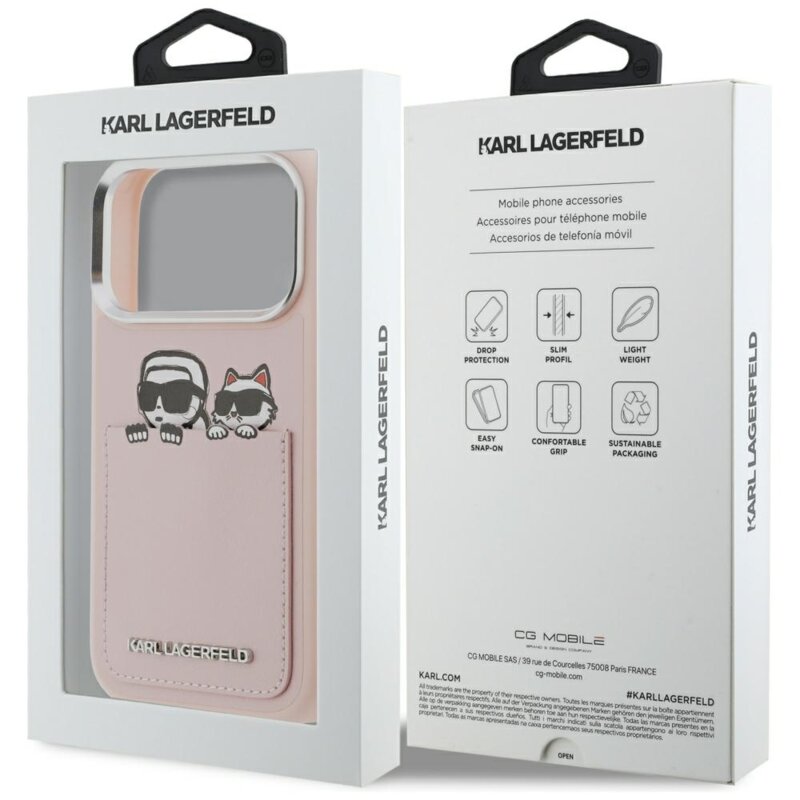 Husa iPhone 17 Pro Max Karl Lagerfeld Hardcase Leather K&C Print & Pocket, roz, KLHCP17X6PCSPKCP