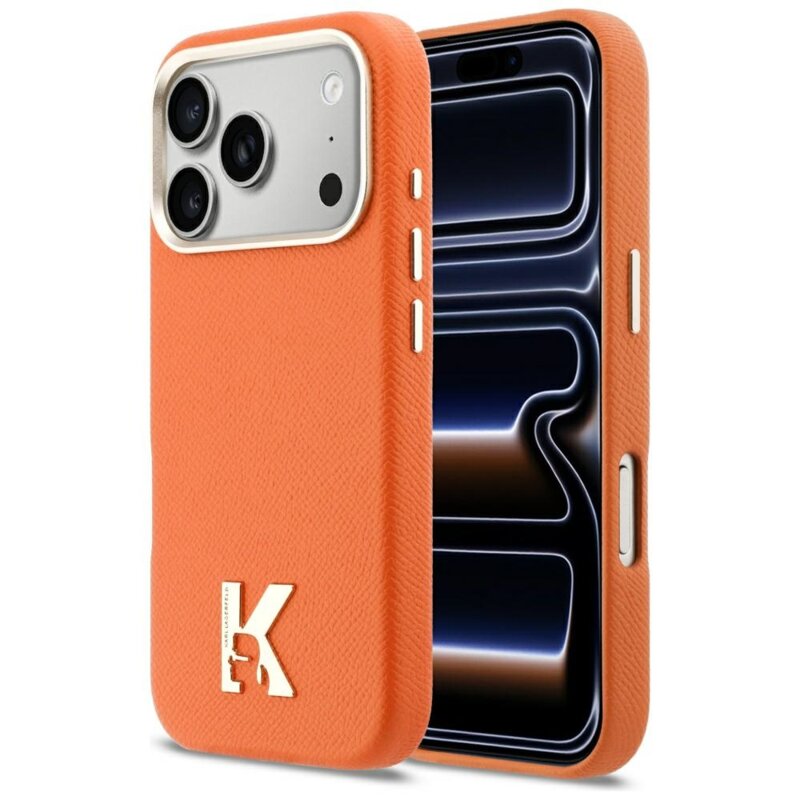 Husa iPhone 17 Pro Karl Lagerfeld Hardcase Leather Khead Logo MagSafe, portocaliu, KLHMP17L5PGFKHGO