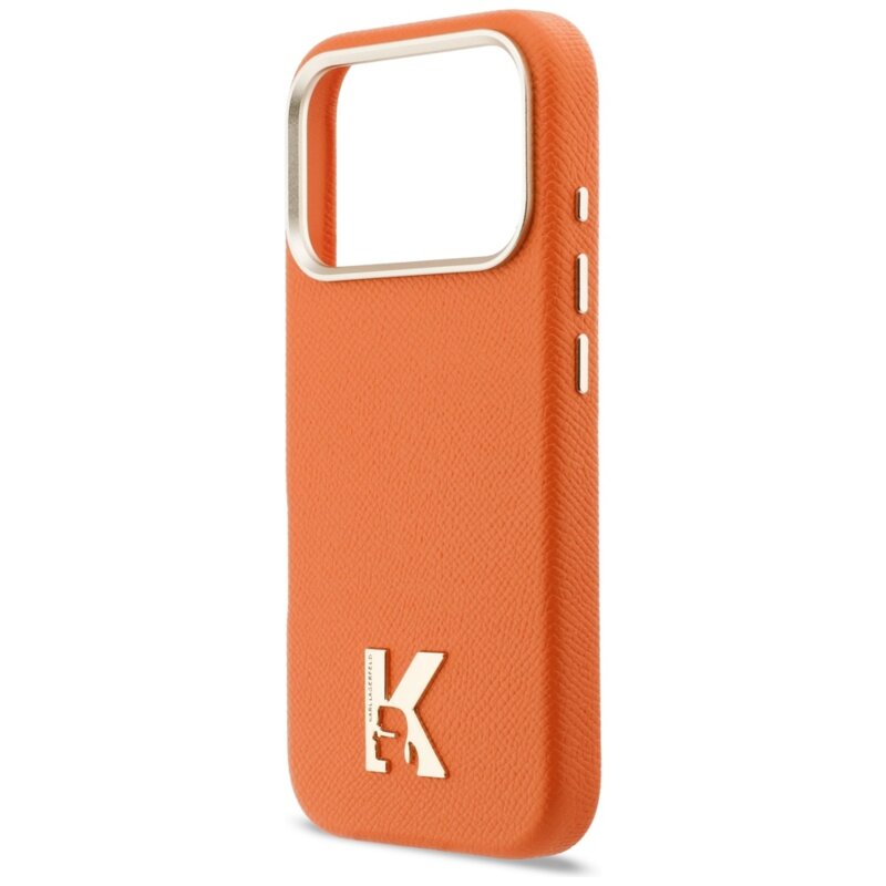 Husa iPhone 17 Pro Karl Lagerfeld Hardcase Leather Khead Logo MagSafe, portocaliu, KLHMP17L5PGFKHGO