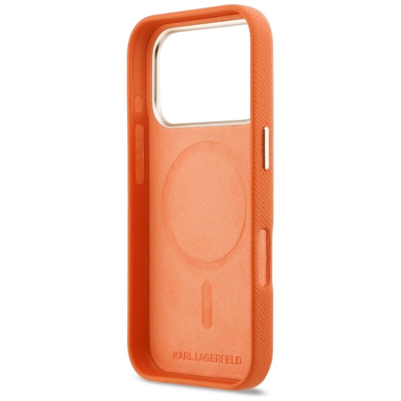Husa iPhone 17 Pro Karl Lagerfeld Hardcase Leather Khead Logo MagSafe, portocaliu, KLHMP17L5PGFKHGO