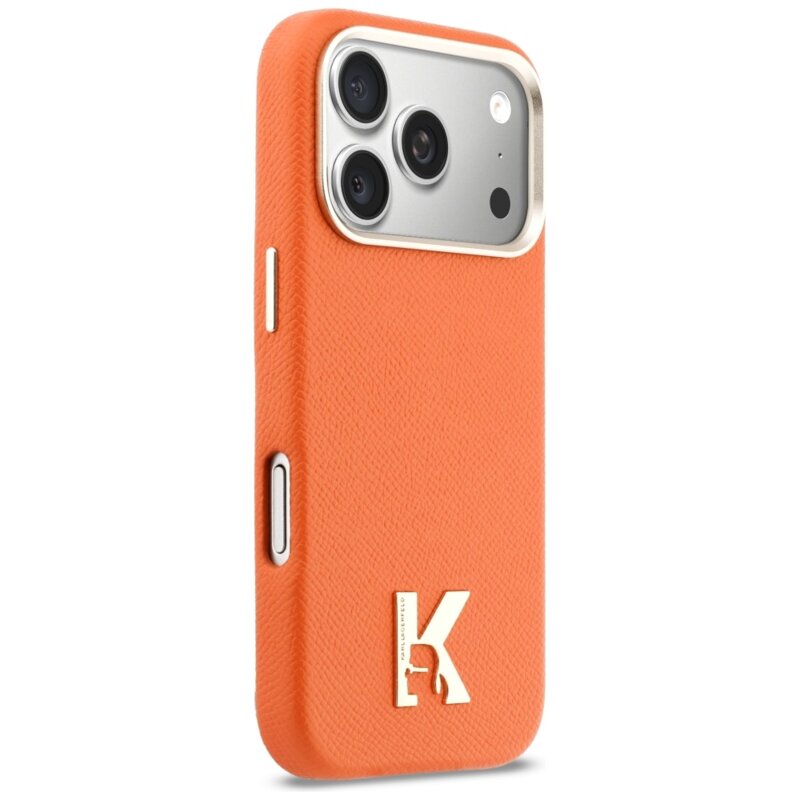 Husa iPhone 17 Pro Karl Lagerfeld Hardcase Leather Khead Logo MagSafe, portocaliu, KLHMP17L5PGFKHGO