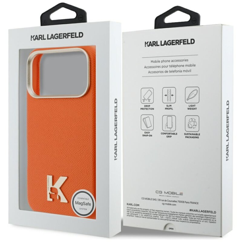 Husa iPhone 17 Pro Karl Lagerfeld Hardcase Leather Khead Logo MagSafe, portocaliu, KLHMP17L5PGFKHGO