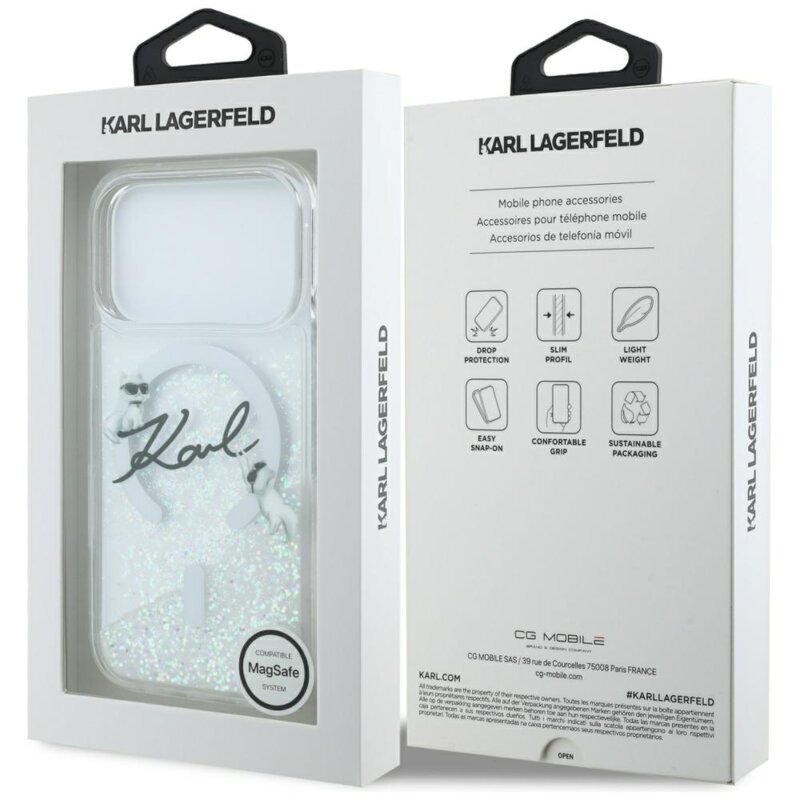 Husa Karl Lagerfeld iPhone 17 Pro Glitter Karl Script Logo MagSafe, transparent, KLHMP17L6LKSCAMT