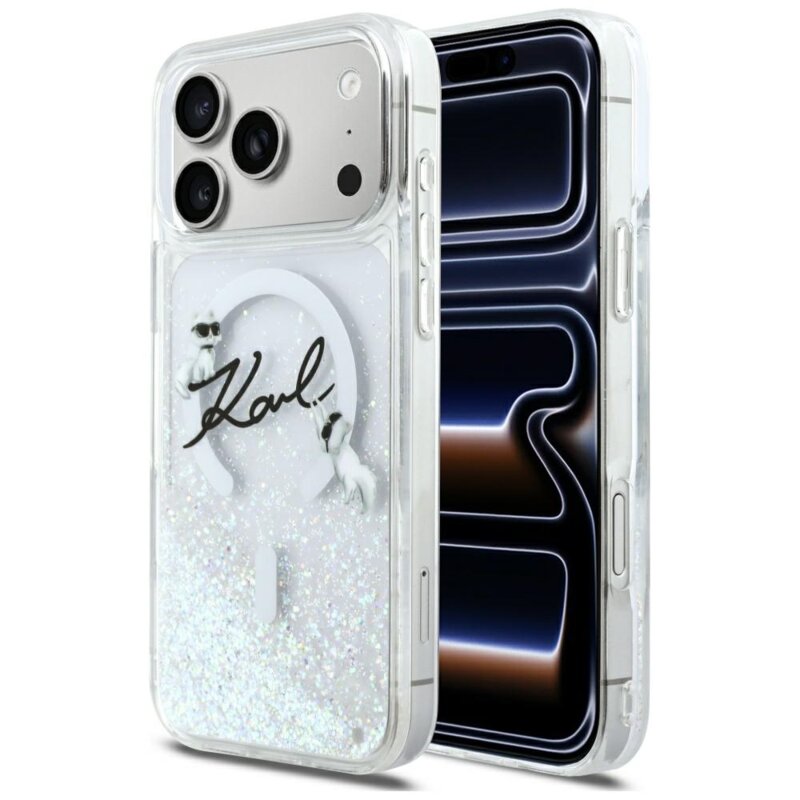 Husa Karl Lagerfeld iPhone 17 Pro Max Glitter Karl Script Logo MagSafe, transparent, KLHMP17X6LKSCAMT