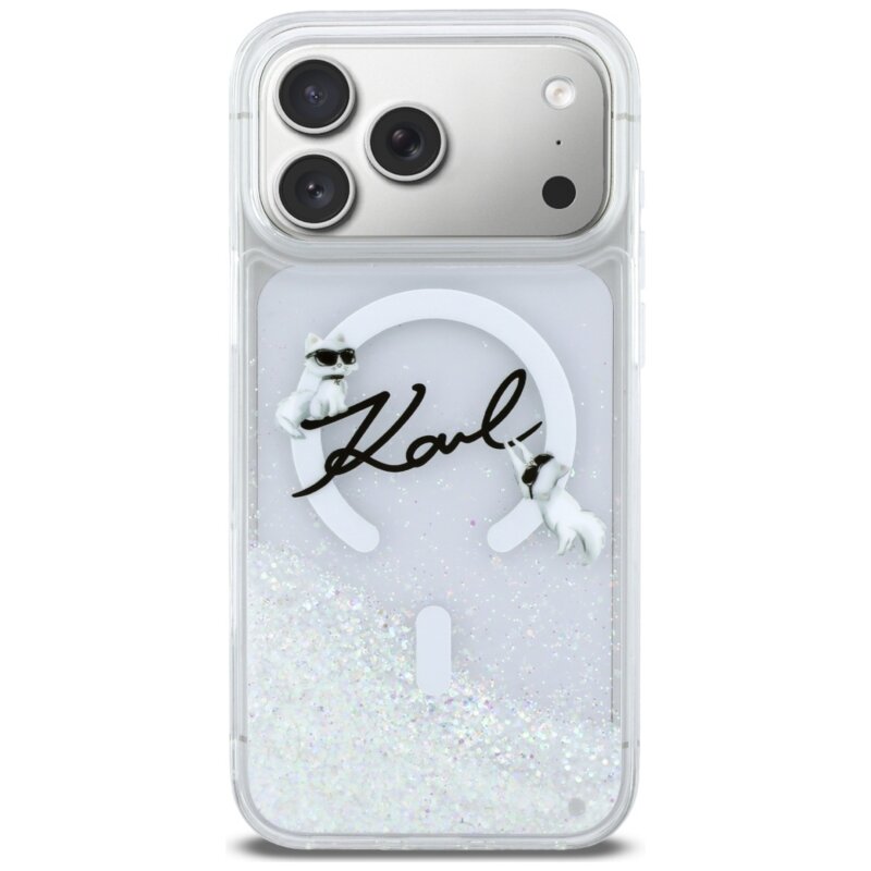 Husa Karl Lagerfeld iPhone 17 Pro Max Glitter Karl Script Logo MagSafe, transparent, KLHMP17X6LKSCAMT