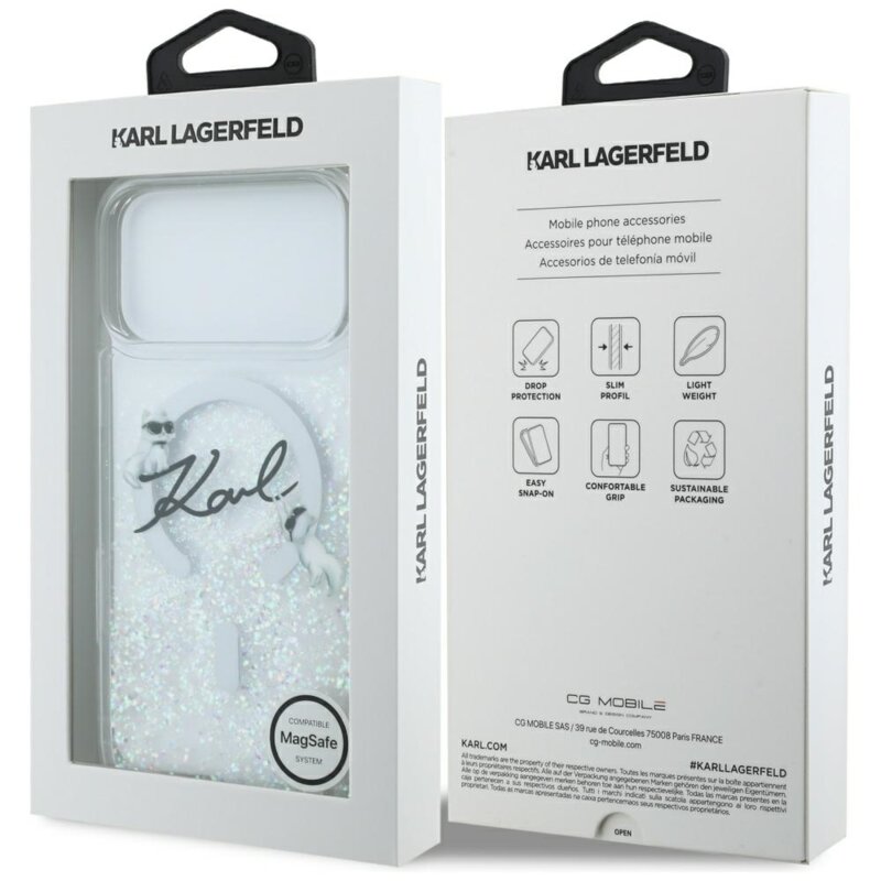 Husa Karl Lagerfeld iPhone 17 Pro Max Glitter Karl Script Logo MagSafe, transparent, KLHMP17X6LKSCAMT