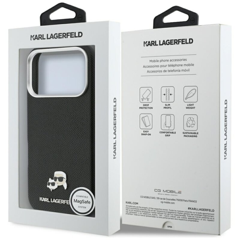 Husa iPhone 17 Pro Karl Lagerfeld Hardcase Leather K&C Head Pin MagSafe, negru, KLHMP17L6PFKCLK