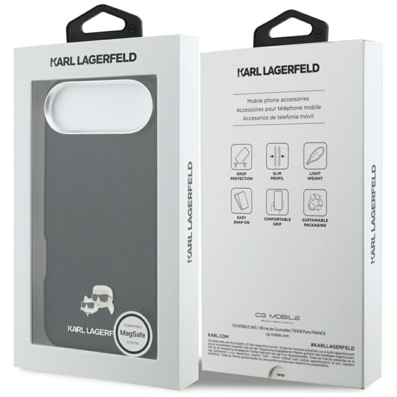 Husa iPhone 17 Air Karl Lagerfeld Hardcase Leather K&C Head Pin MagSafe, negru, KLHMP17M6PFKCLK