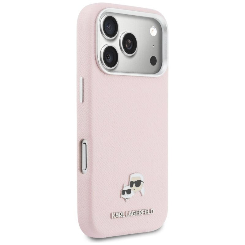 Husa iPhone 17 Pro Karl Lagerfeld Hardcase Leather K&C Head Pin MagSafe, roz, KLHMP17L6PFKCLP