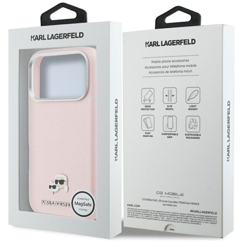 Husa iPhone 17 Pro Max Karl Lagerfeld Hardcase Leather K&C Head Pin MagSafe, roz, KLHMP17X6PFKCLP
