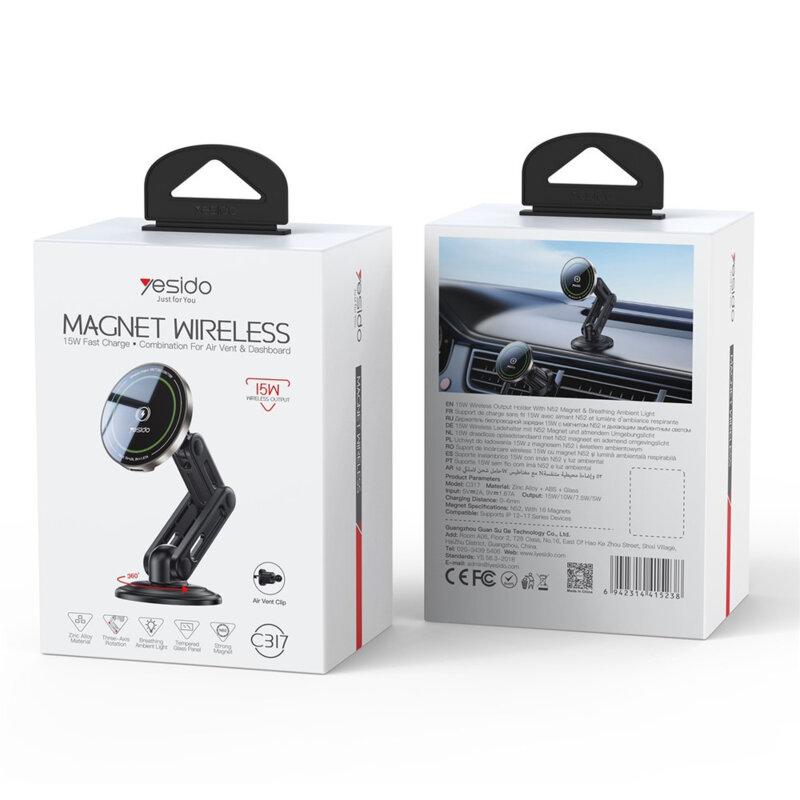 Suport auto cu incarcare wireless si aplicare 2in1, Yesido C317