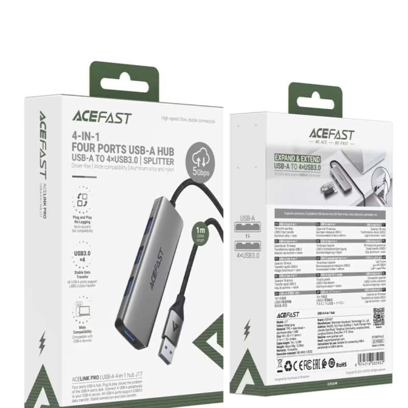 Hub USB, 5Gbps, 4 x USB3.0, 5V/3A, Plug & Play Acefast J17, gri