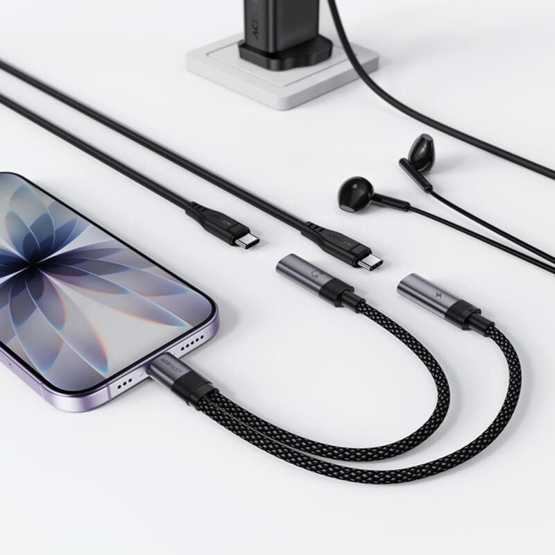 Adaptor USB-C la 2x USB-C, 60W, Hi-Fi Audio, Acefast J14