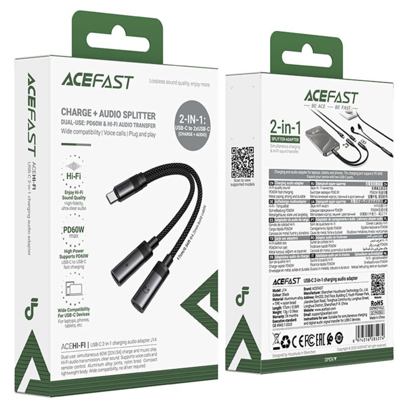 Adaptor USB-C la 2x USB-C, 60W, Hi-Fi Audio, Acefast J14