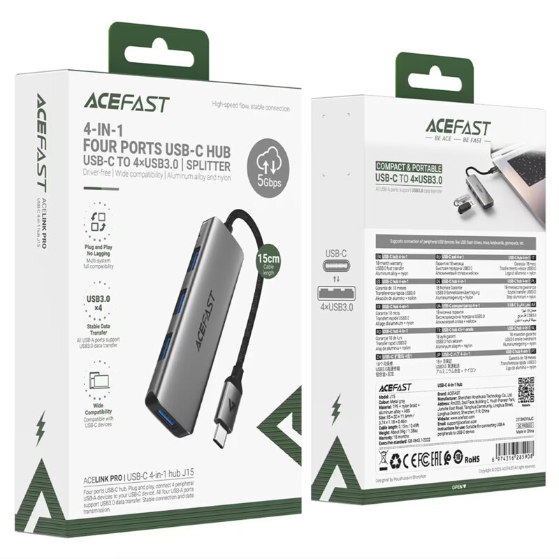 Hub USB-C la 4x USB3.0, 5Gbps, Plug&Play, Acefast J15