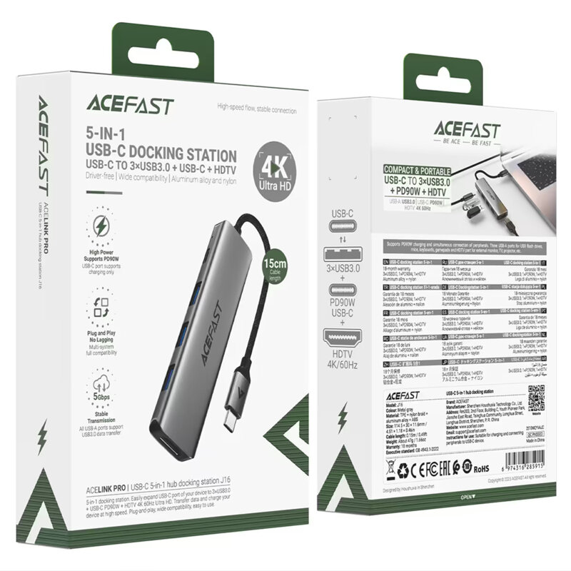 Hub USB-C 5in1, 3x USB3.0, HDMI 4K, PD 90W, Acefast J16
