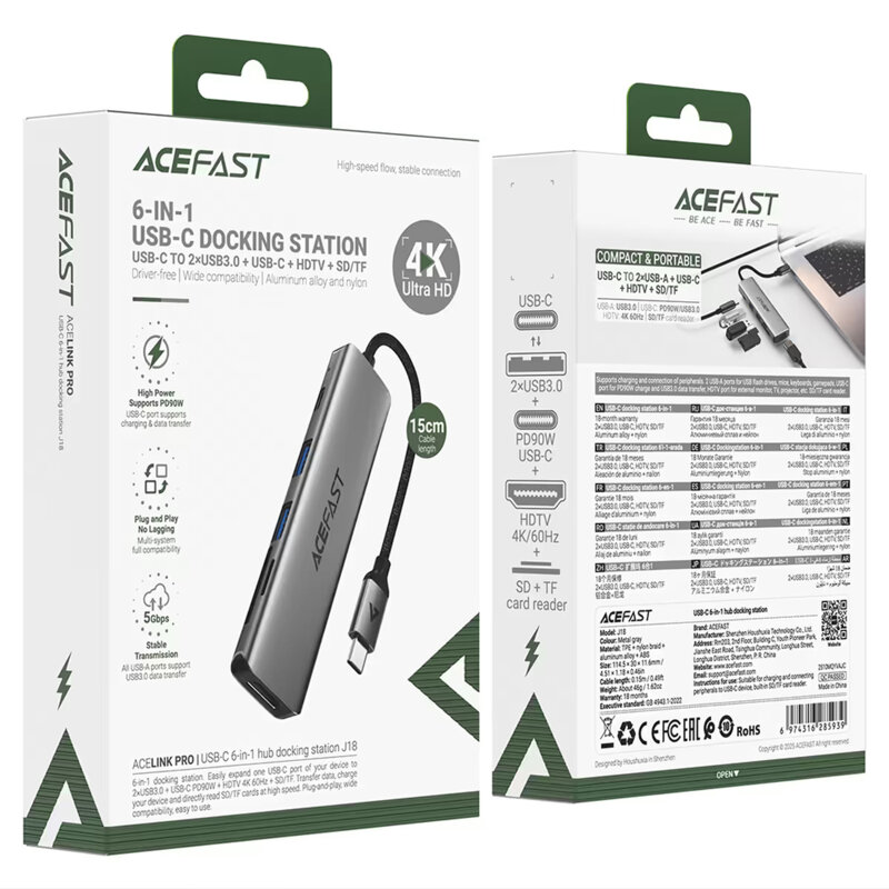 Hub USB-C 6in1, HDMI 4K, PD 90W, 2x USB3.0, SD/TF, Acefast J18