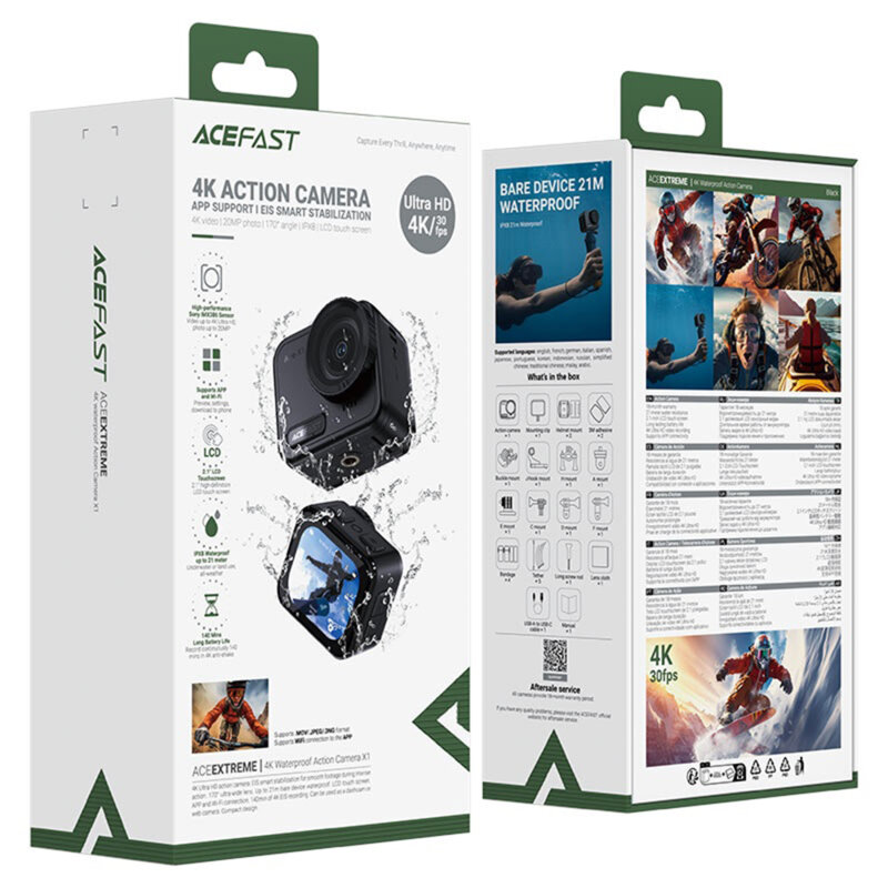 Camera de actiune 4K, Wi-Fi, IPX8, Acefast X1, negru