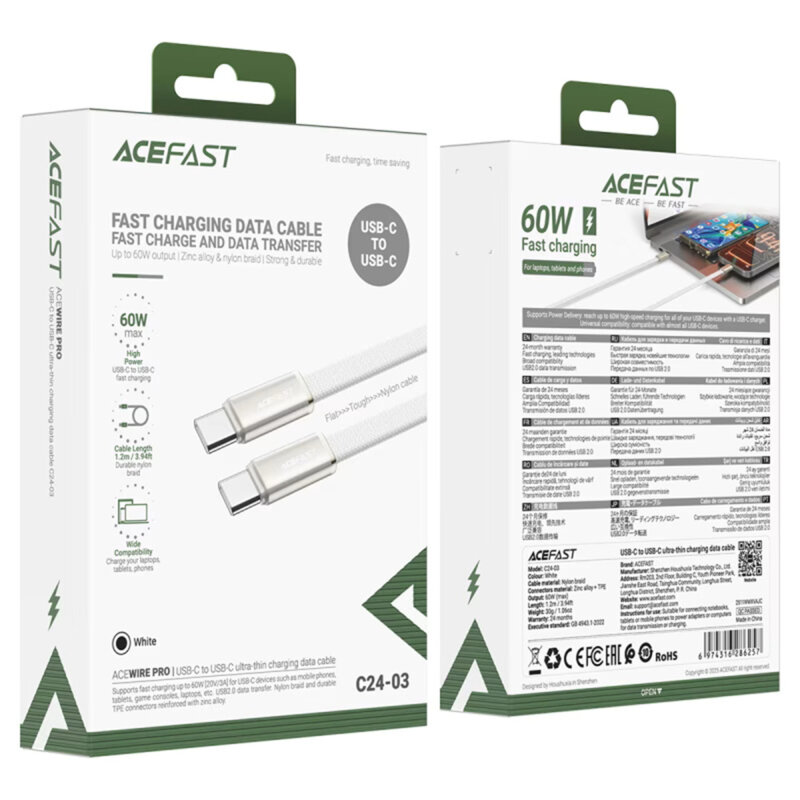 Cablu de incarcare Type-C 60W slim Acefast C24-03, 1.2m, alb