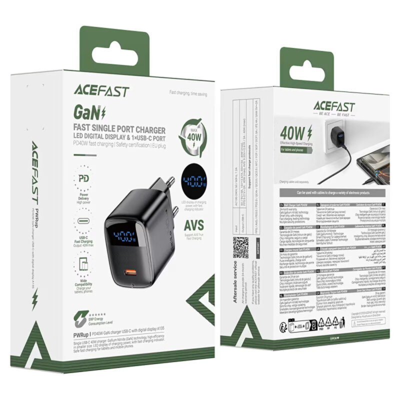 Incarcator retea Type-C GaN, cu afisaj Acefast A135, 45W, negru
