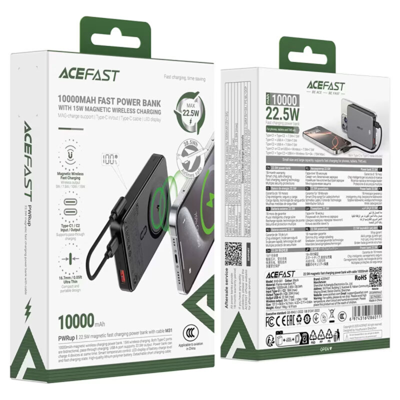 Power bank MagSafe, 2x USB-C, cablu 10000mAh, 22.5W Acefast M31