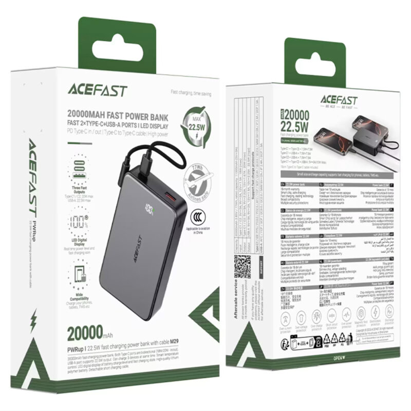 Power bank 20000mAh cu USB-C, USB, cablu Acefast M29, 22.5W