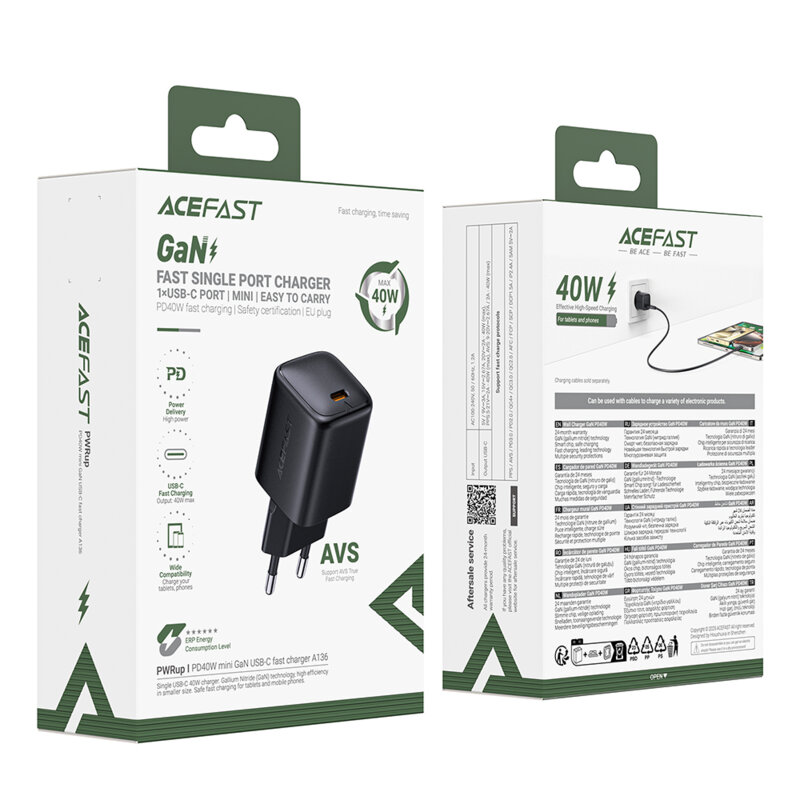 Mini incarcator de retea Type-C, GaN Acefast A136, 40W, negru