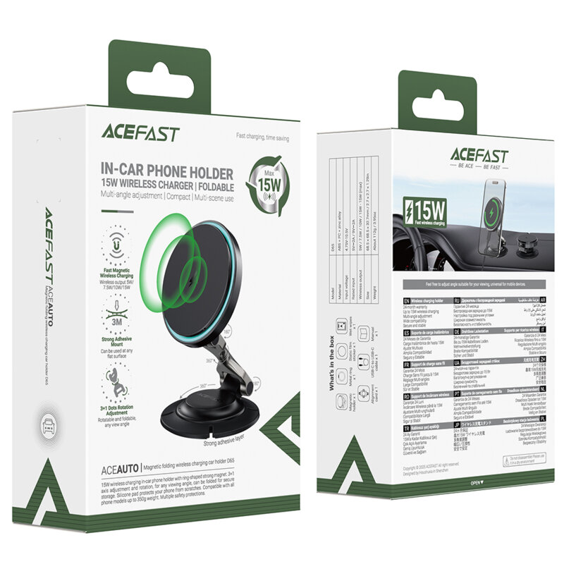Suport auto magnetic, incarcare wireless 15W Acefast D65, negru
