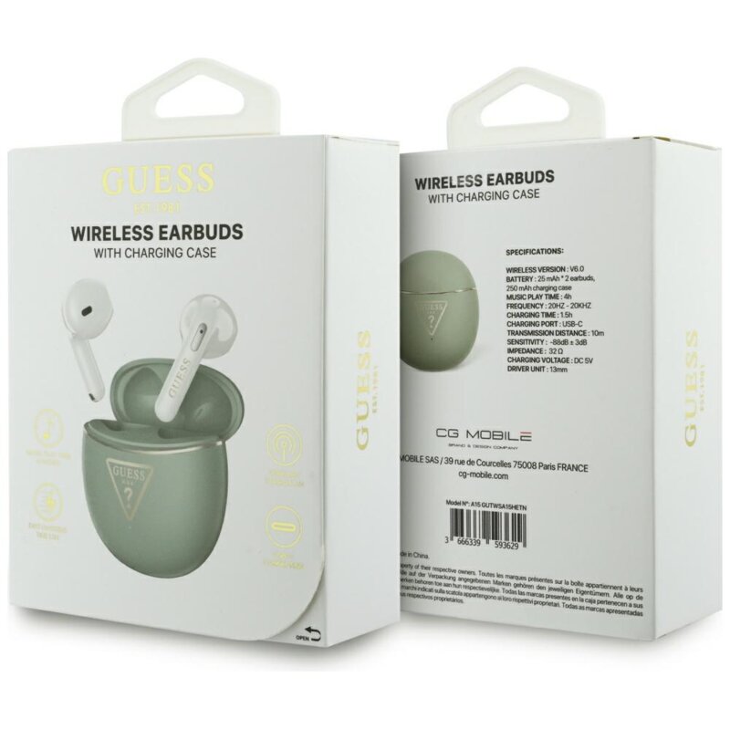 Casti Bluetooth TWS Guess Script Print, kaki, GUTWSA15HETN