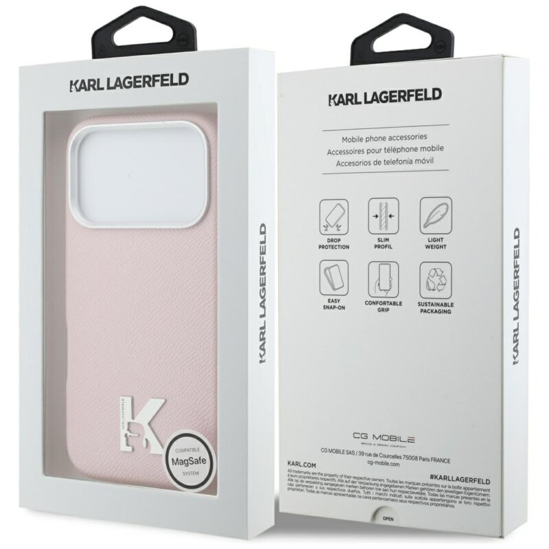 Husa iPhone 17 Pro Karl Lagerfeld Hardcase Leather MagSafe, K Head Logo, roz