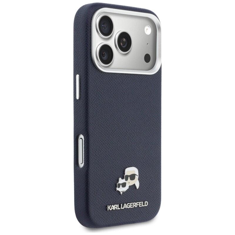 Husa originala iPhone 17 Pro Karl Lagerfeld Saffiano MagSafe, K&C Heads Pin, albastru