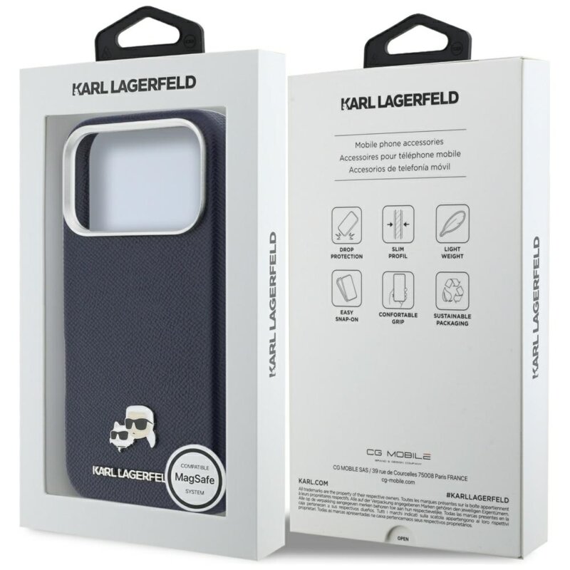 Husa originala iPhone 17 Pro Karl Lagerfeld Saffiano MagSafe, K&C Heads Pin, albastru