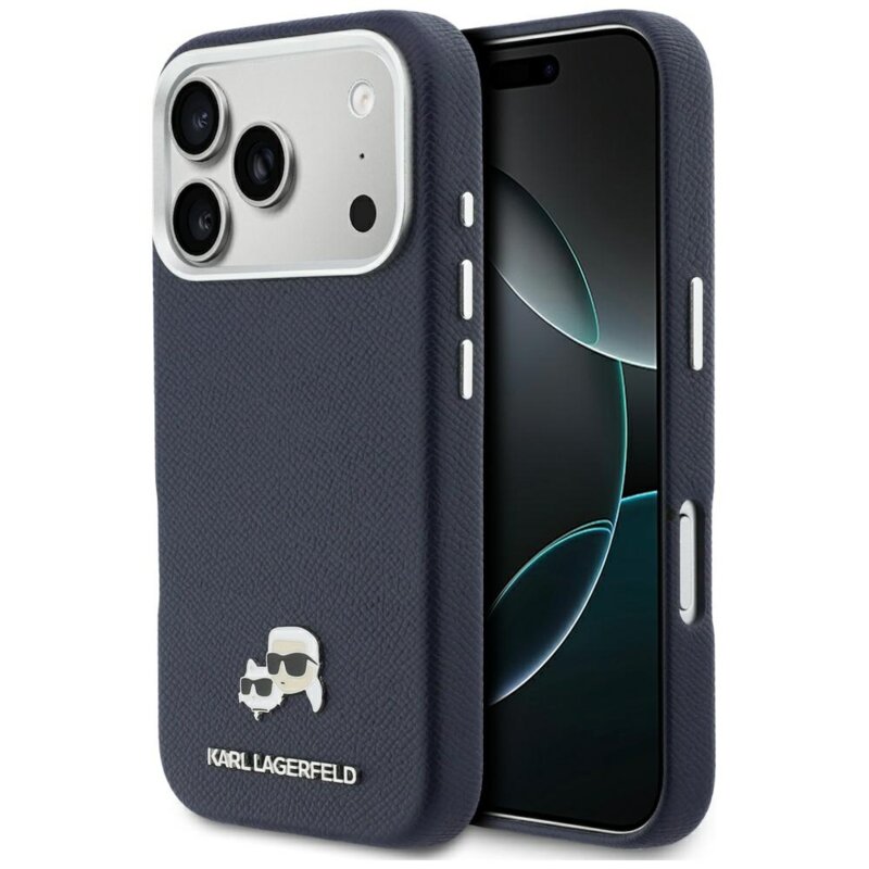 Husa originala iPhone 17 Pro Max Karl Lagerfeld Saffiano MagSafe, K&C Heads Pin, albastru