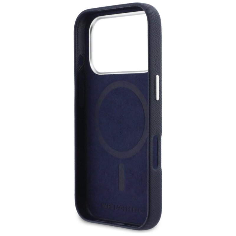 Husa originala iPhone 17 Pro Max Karl Lagerfeld Saffiano MagSafe, K&C Heads Pin, albastru