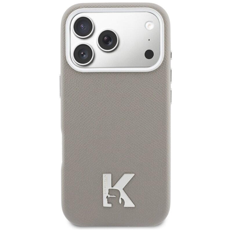 Husa iPhone 17 Pro Karl Lagerfeld Hardcase Leather MagSafe, K Head Logo, gri