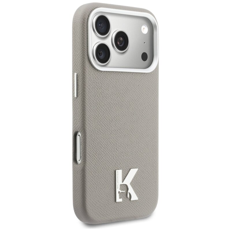 Husa iPhone 17 Pro Max Karl Lagerfeld Hardcase Leather MagSafe, K Head Logo, gri
